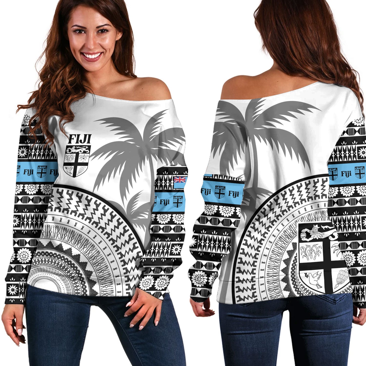 Fiji Custom Personalised Off Shoulder Sweatshirt Fijian Masi Palm Curve Style