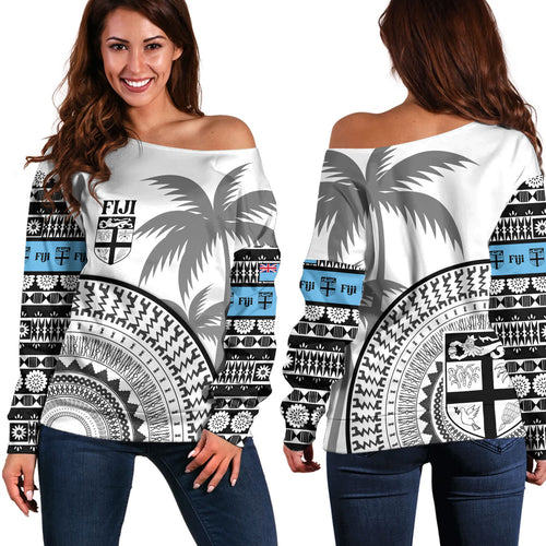 Fiji Custom Personalised Off Shoulder Sweatshirt Fijian Masi Palm Curve Style