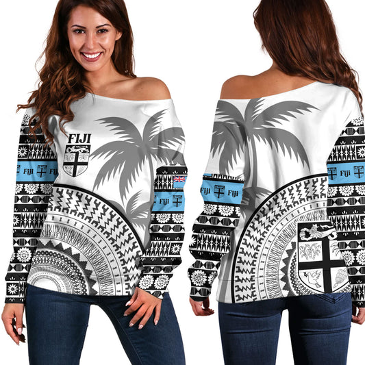 Fiji Custom Personalised Off Shoulder Sweatshirt Fijian Masi Palm Curve Style