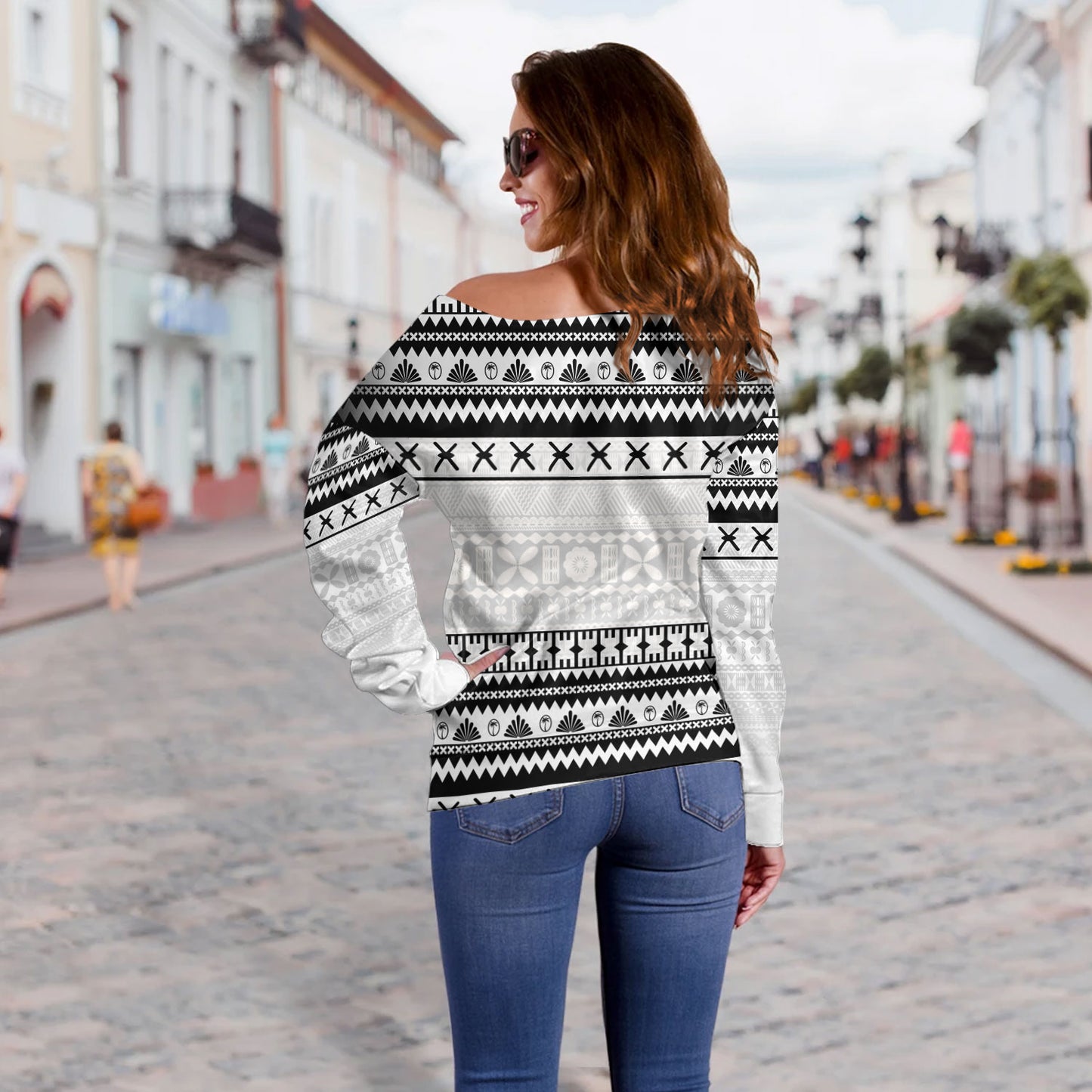 Fiji Off Shoulder Sweatshirt Fijian Masi Pattern Palm Style
