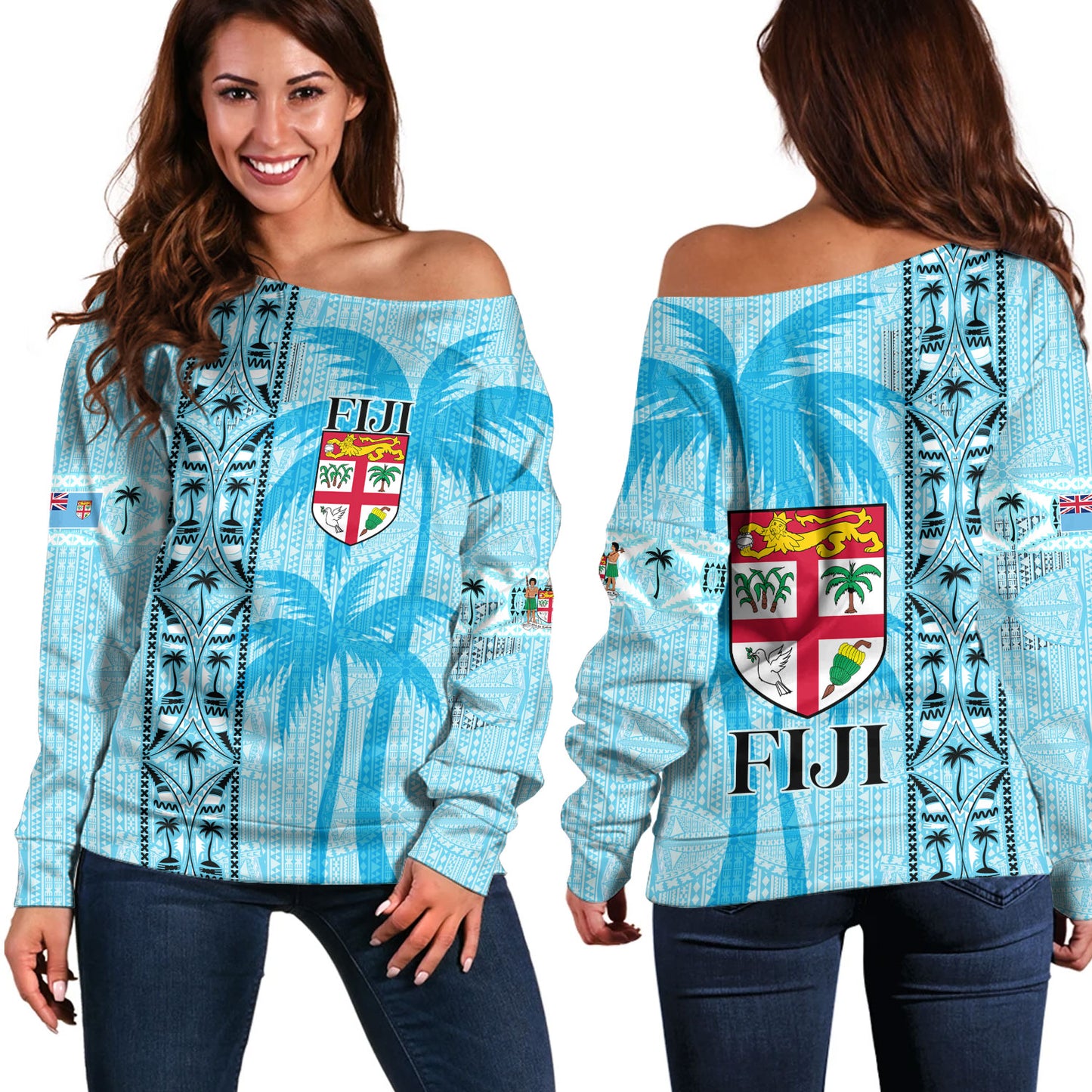 Fiji Custom Personalised Off Shoulder Sweatshirt Fijian Tapa Palms Designs