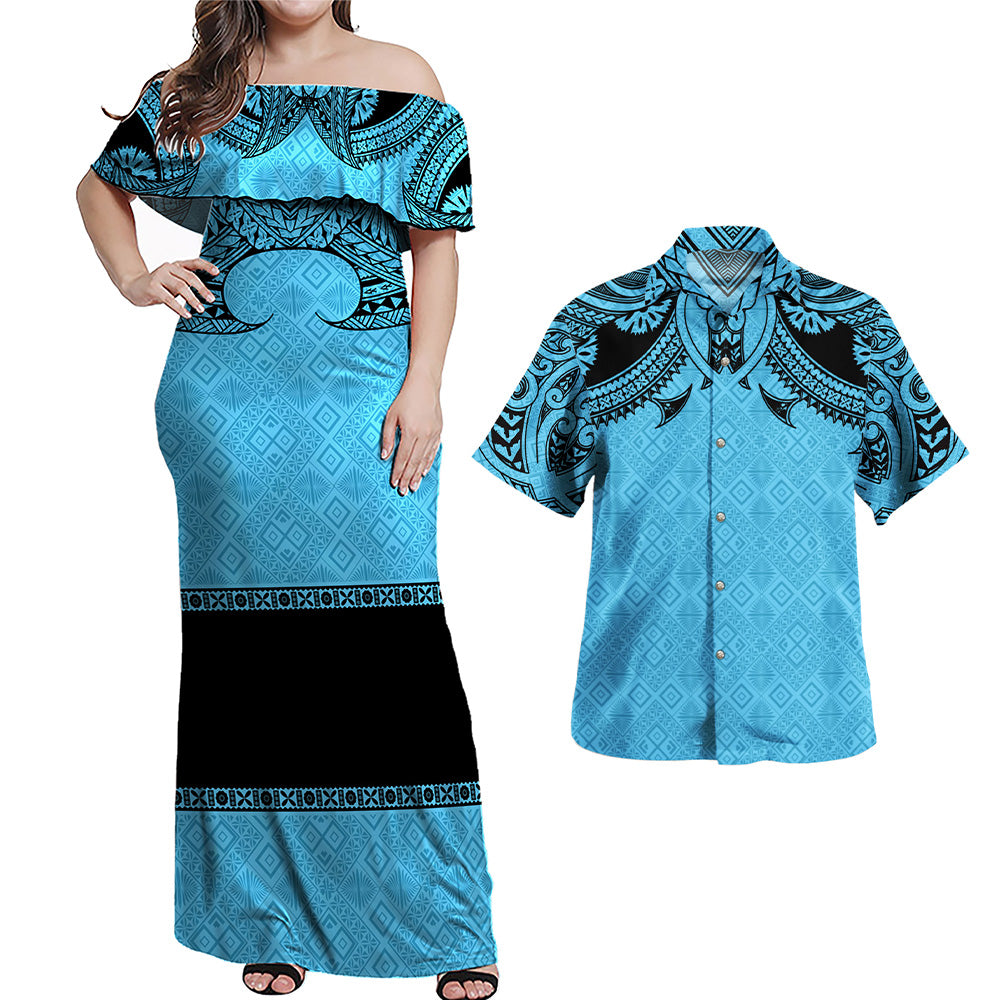 Fiji Combo Off Shoulder Long Dress And Shirt Fijian Masi Pacific Tribal Designs ( Blue Color )