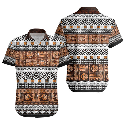 Fiji Short Sleeve Shirt Fijian Tapa Pattens Brown Color Vintage Design
