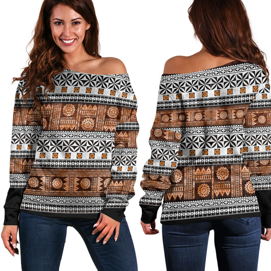 Fiji Off Shoulder Sweatshirt Fijian Tapa Pattens Brown Color Vintage Design