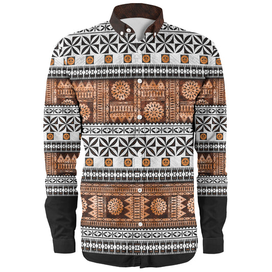 Fiji Long Sleeve Shirt Fijian Tapa Pattens Brown Color Vintage Design