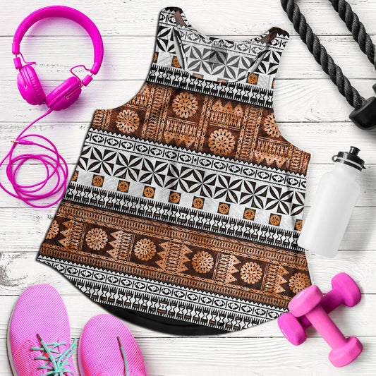 Fiji Women Tank Fijian Tapa Pattens Brown Color Vintage Design