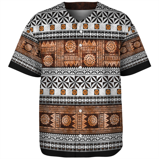 Fiji Baseball Shirt Fijian Tapa Pattens Brown Color Vintage Design