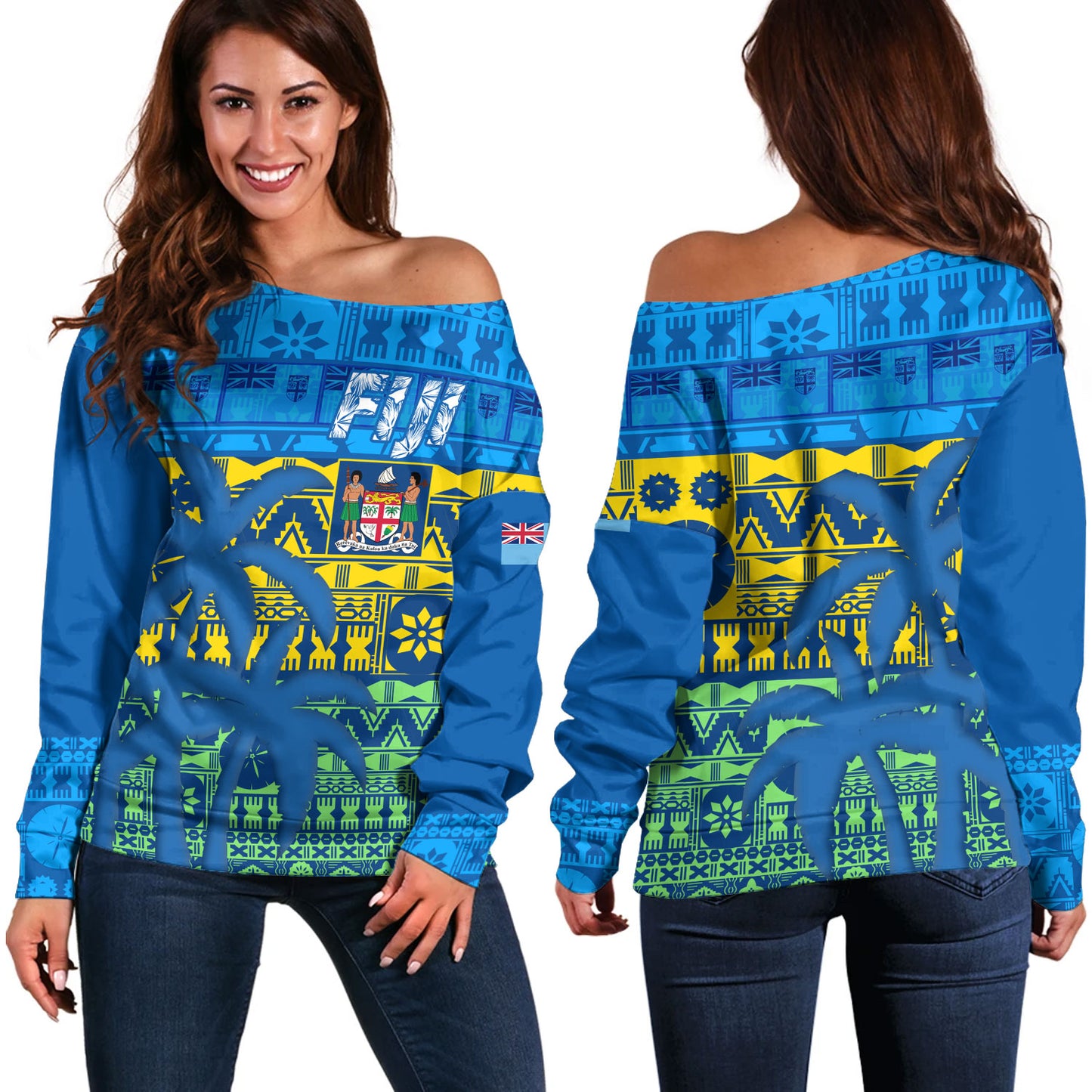Fiji Off Shoulder Sweatshirt Fijian Tapa Patterns Palm Tree Design