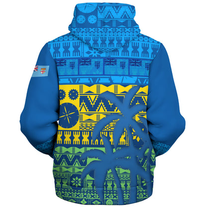 Fiji Sherpa Hoodie Fijian Tapa Patterns Palm Tree Design