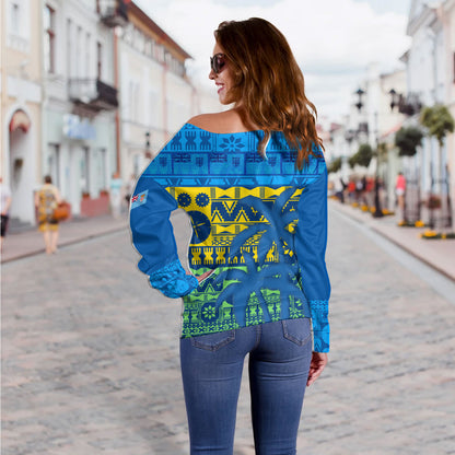 Fiji Off Shoulder Sweatshirt Fijian Tapa Patterns Palm Tree Design
