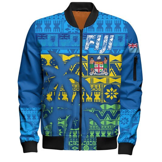 Fiji Bomber Jacket Fijian Tapa Patterns Palm Tree Design
