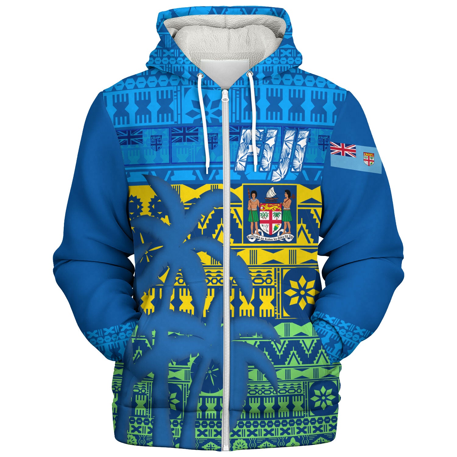 Fiji Sherpa Hoodie Fijian Tapa Patterns Palm Tree Design