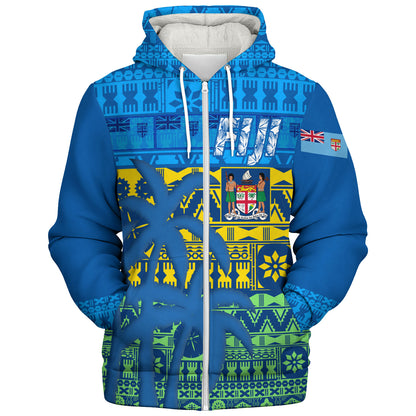 Fiji Sherpa Hoodie Fijian Tapa Patterns Palm Tree Design