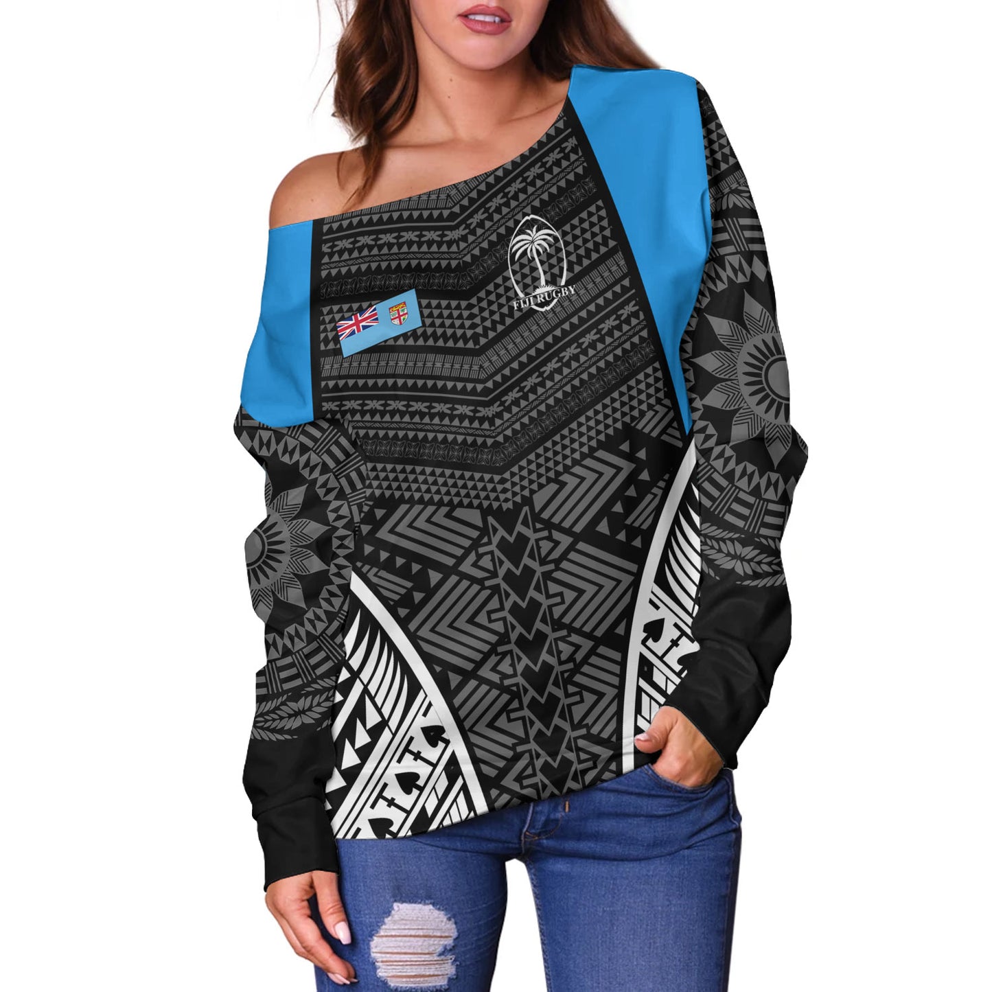 Fiji Off Shoulder Sweatshirt - Custom Fijian Tapa Patterns Sport Style