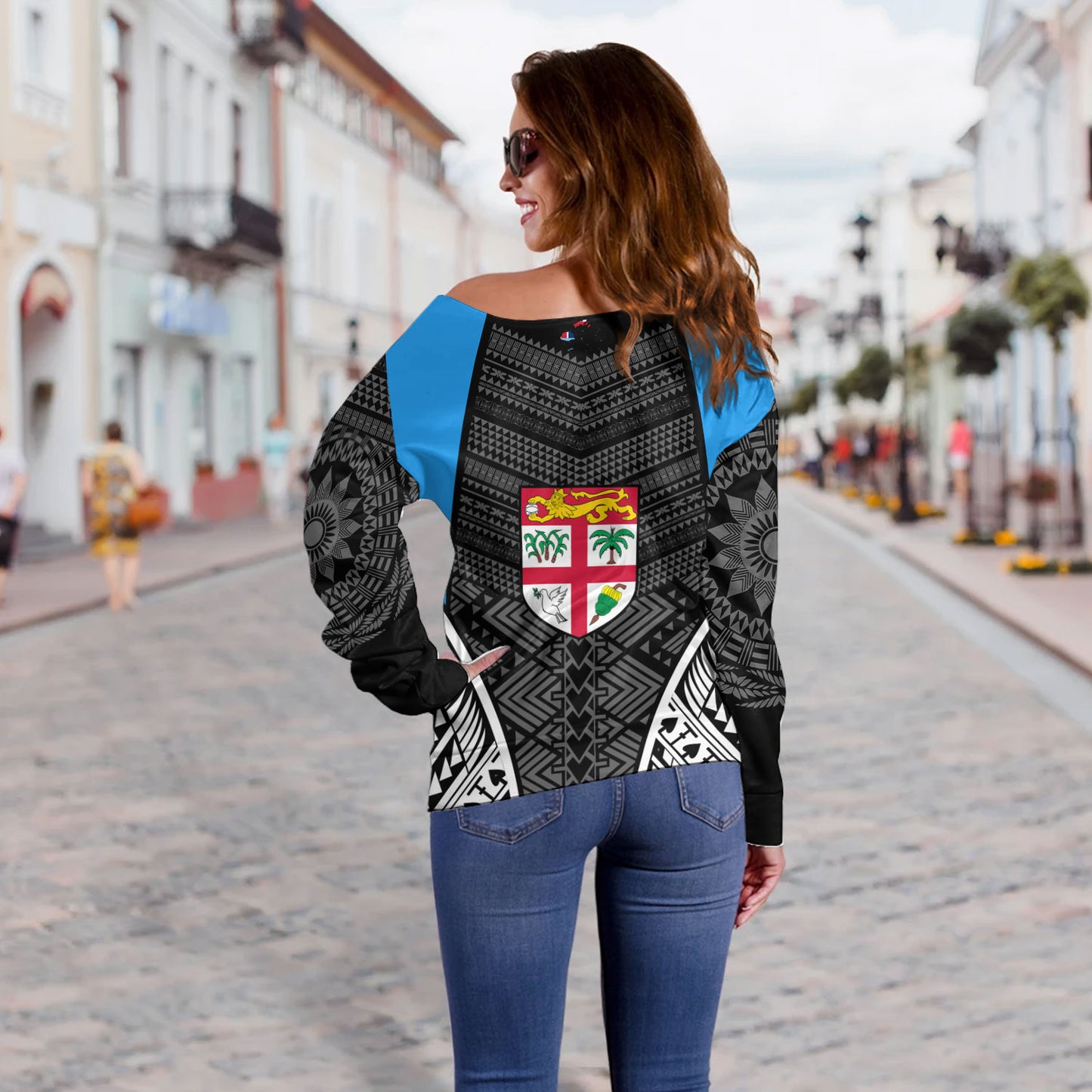 Fiji Off Shoulder Sweatshirt - Custom Fijian Tapa Patterns Sport Style