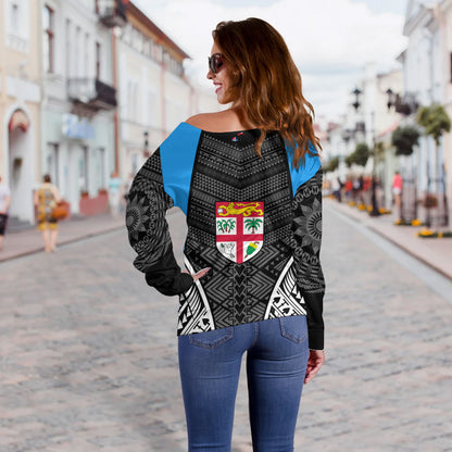 Fiji Off Shoulder Sweatshirt - Custom Fijian Tapa Patterns Sport Style
