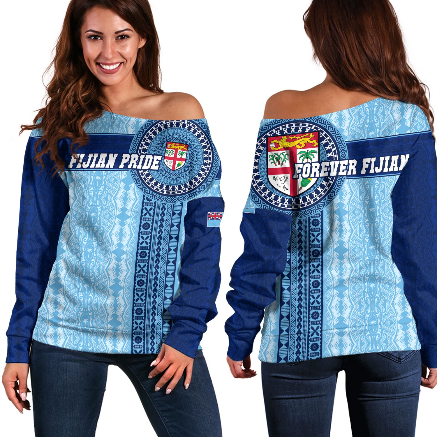 Fiji Off Shoulder Sweatshirt - Custom Forever Fiji Tapa Pattern Design