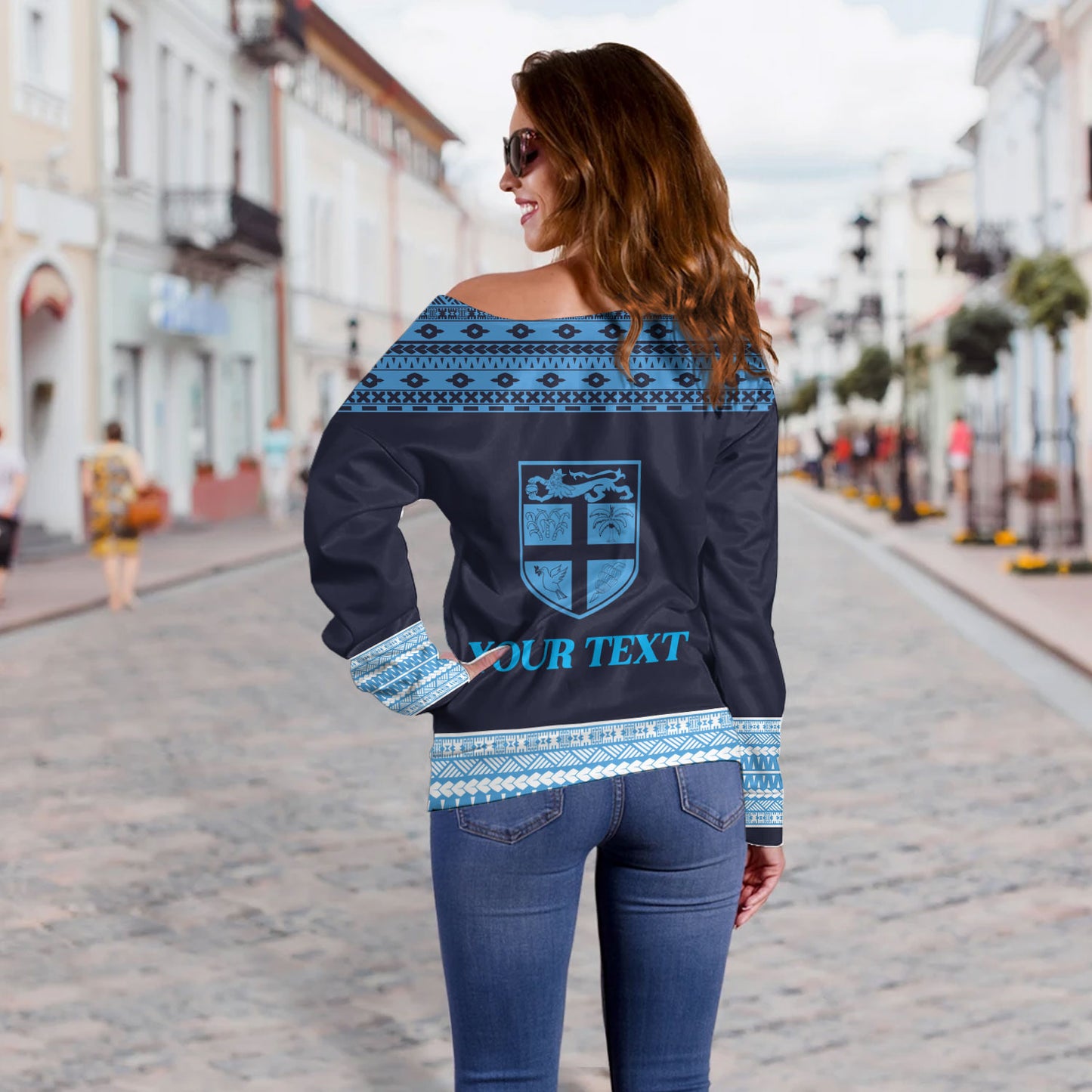 Fiji Off Shoulder Sweatshirt Custom Rugby Flying Fijian Makare And Tapa Design