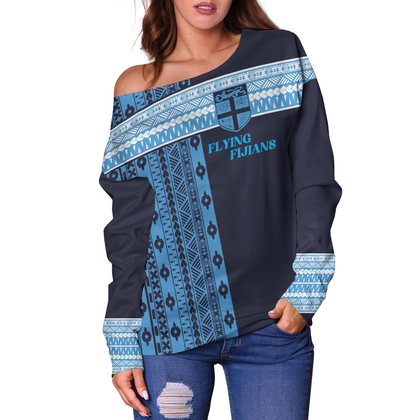 Fiji Off Shoulder Sweatshirt Custom Rugby Flying Fijian Makare And Tapa Design
