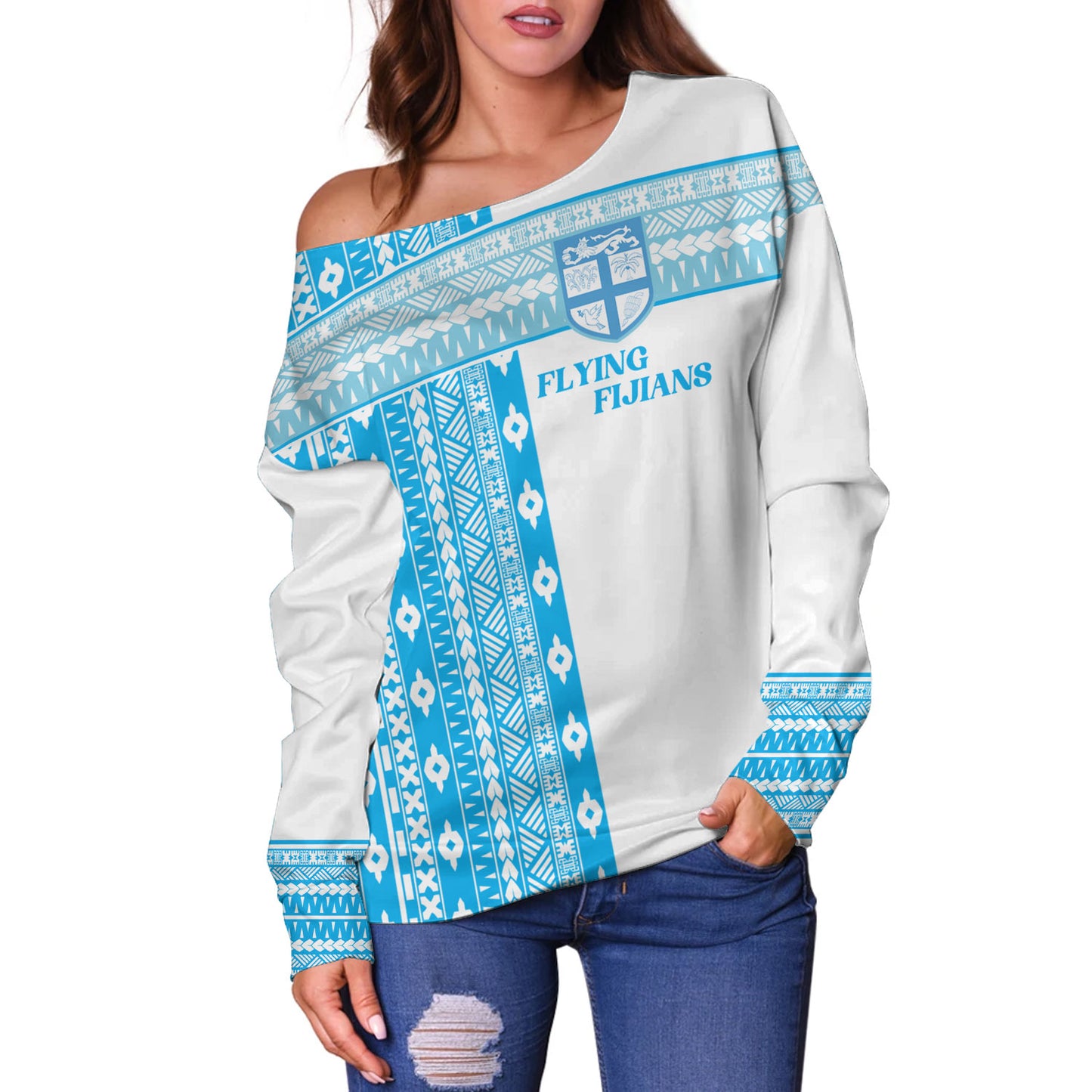 Fiji Off Shoulder Sweatshirt Custom Rugby Flying Fijian Makare And Tapa Design