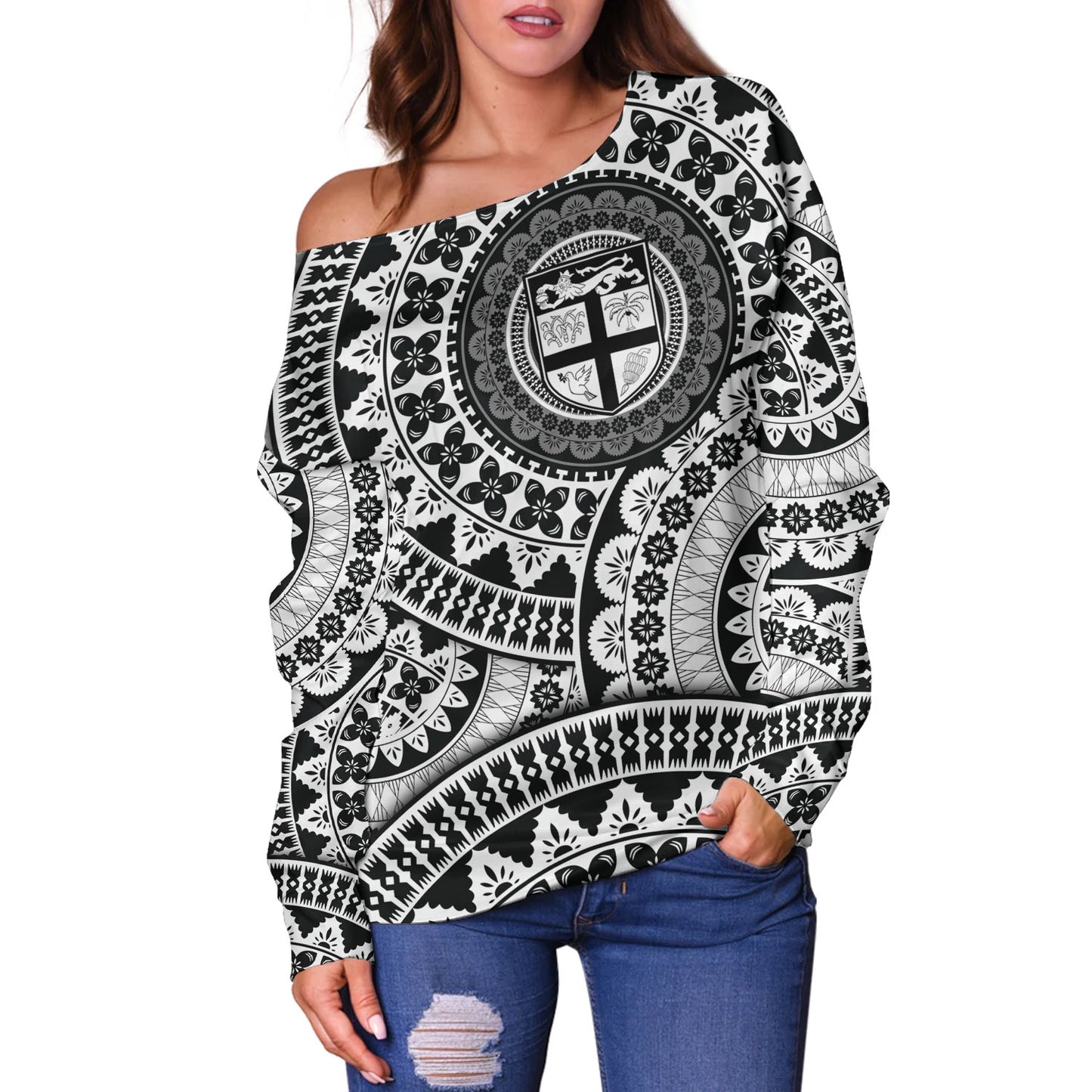 Fiji Off Shoulder Sweatshirt Bula Fijian Circle Pattern Design