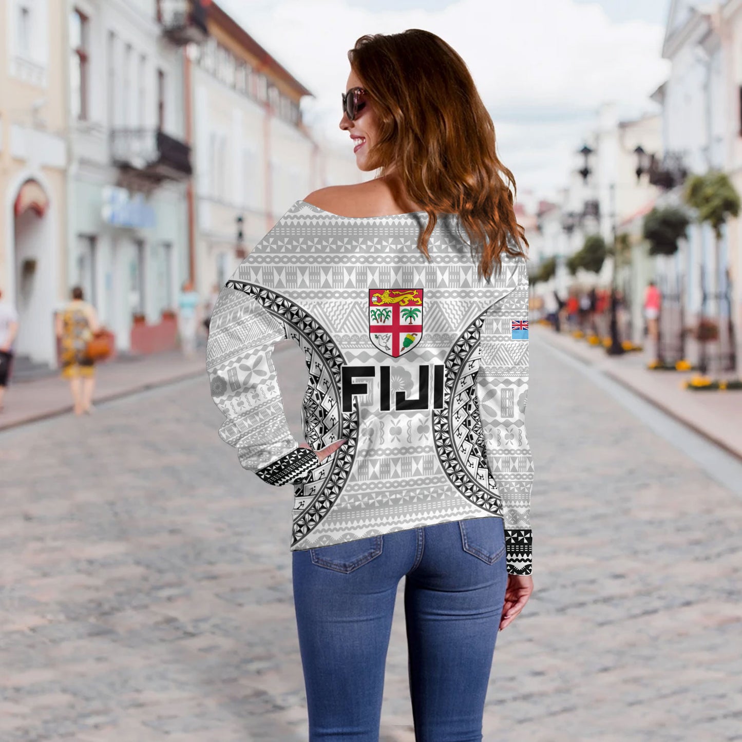 Fiji Custom Personalised Off Shoulder Sweatshirt Seal With Map Fijian Tapa Patterns
