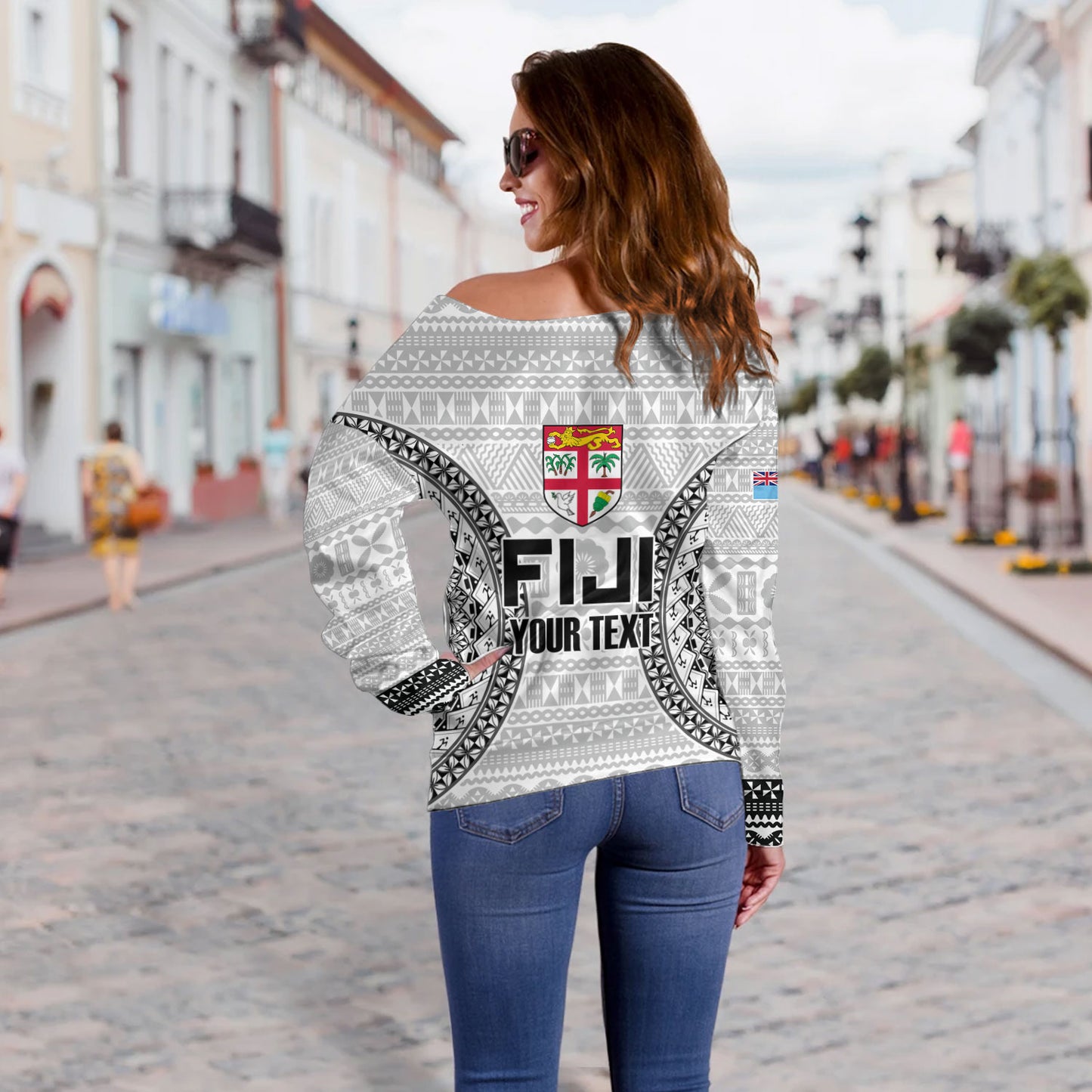 Fiji Custom Personalised Off Shoulder Sweatshirt Seal With Map Fijian Tapa Patterns