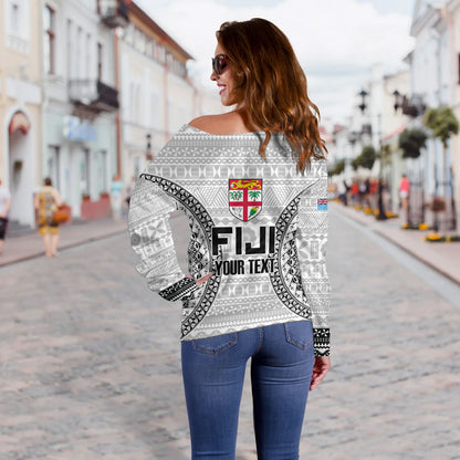Fiji Custom Personalised Off Shoulder Sweatshirt Seal With Map Fijian Tapa Patterns