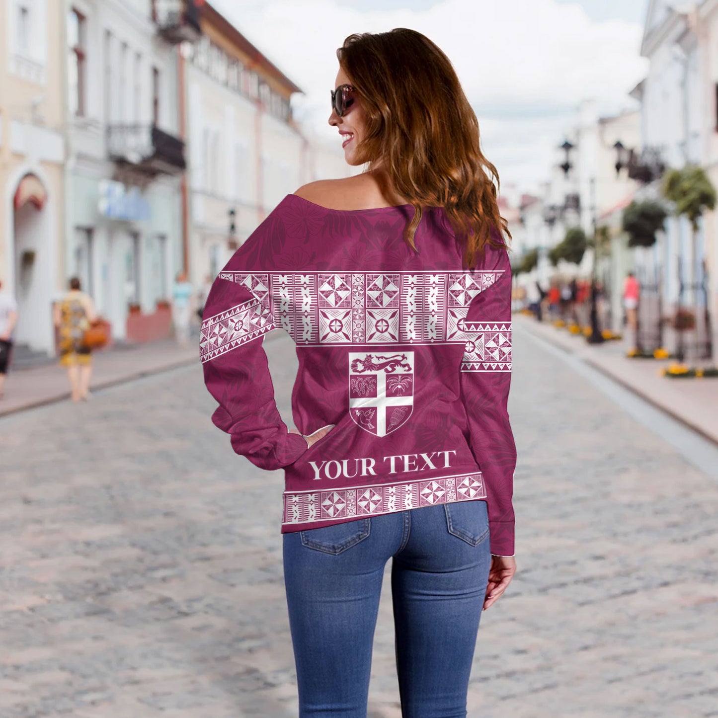 Fiji Off Shoulder Sweatshirt Custom Traditional Fijian Masi Pink Color