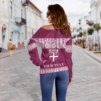 Fiji Off Shoulder Sweatshirt Custom Traditional Fijian Masi Pink Color
