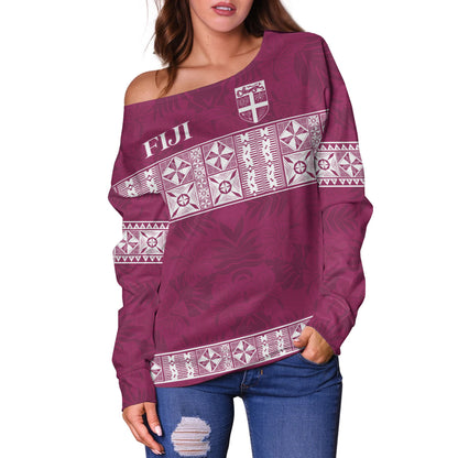 Fiji Off Shoulder Sweatshirt Custom Traditional Fijian Masi Pink Color