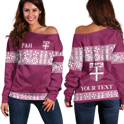 Fiji Off Shoulder Sweatshirt Custom Traditional Fijian Masi Pink Color