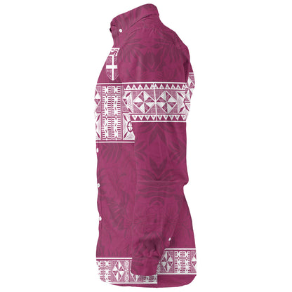 Fiji Long Sleeve Shirt Custom Traditional Fijian Masi Pink Color
