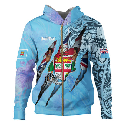 Fiji Hoodie Custom Fijians Blood Inside Me Polynesian Sleeve Tattoo Tropical Blue