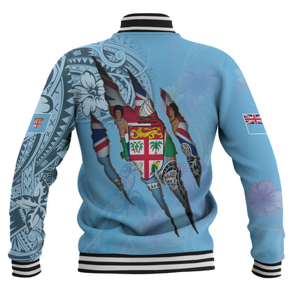 Fiji Baseball Jacket Custom Fijians Blood Inside Me Polynesian Sleeve Tattoo Tropical Blue