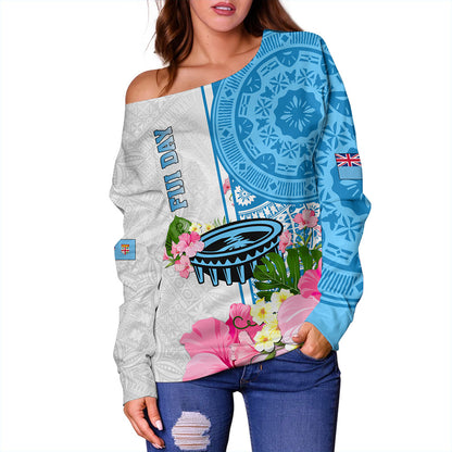 Fiji Off Shoulder Sweatshirt Fiji Day Tanoa Hibiscus Fijian Tapa Masi Pattern