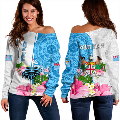 Fiji Off Shoulder Sweatshirt Fiji Day Tanoa Hibiscus Fijian Tapa Masi Pattern