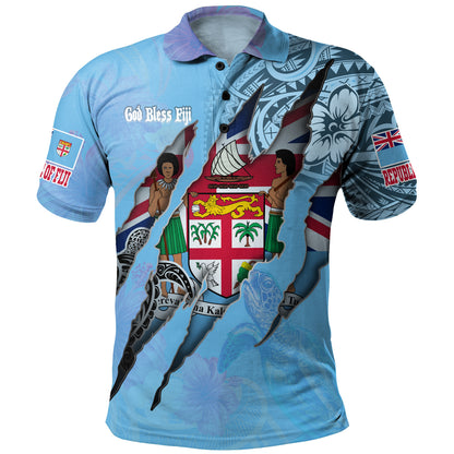 Fiji Polo Shirt Custom Fijians Blood Inside Me Polynesian Sleeve Tattoo Tropical Blue