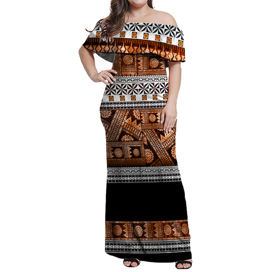 Fiji Woman Off Shoulder Long Dress Fijian Tapa Pattens Brown Color Vintage Design