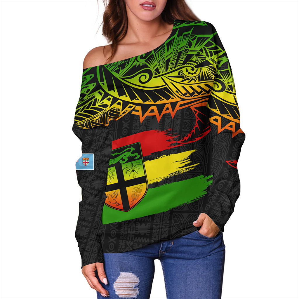 Fiji Off Shoulder Sweatshirt Tribal Melanesia Grunge Reggae
