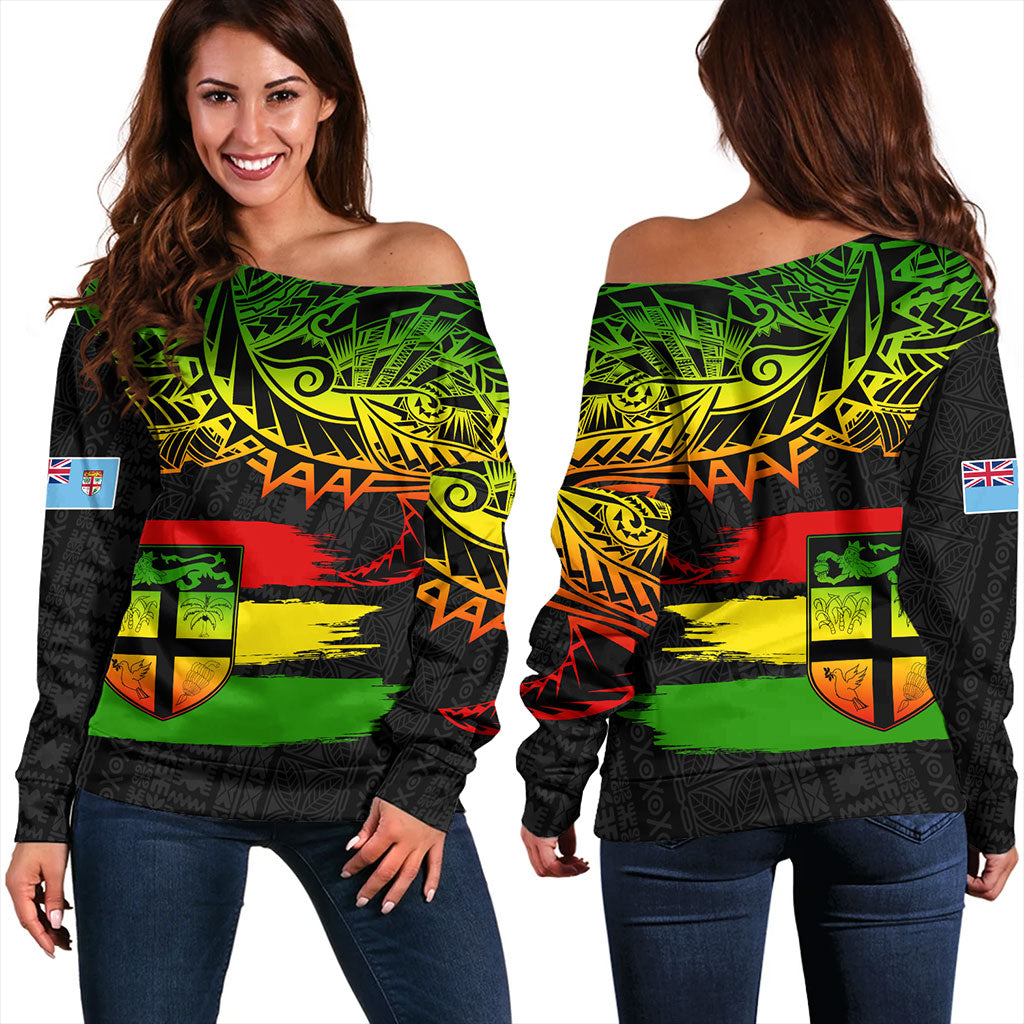 Fiji Off Shoulder Sweatshirt Tribal Melanesia Grunge Reggae