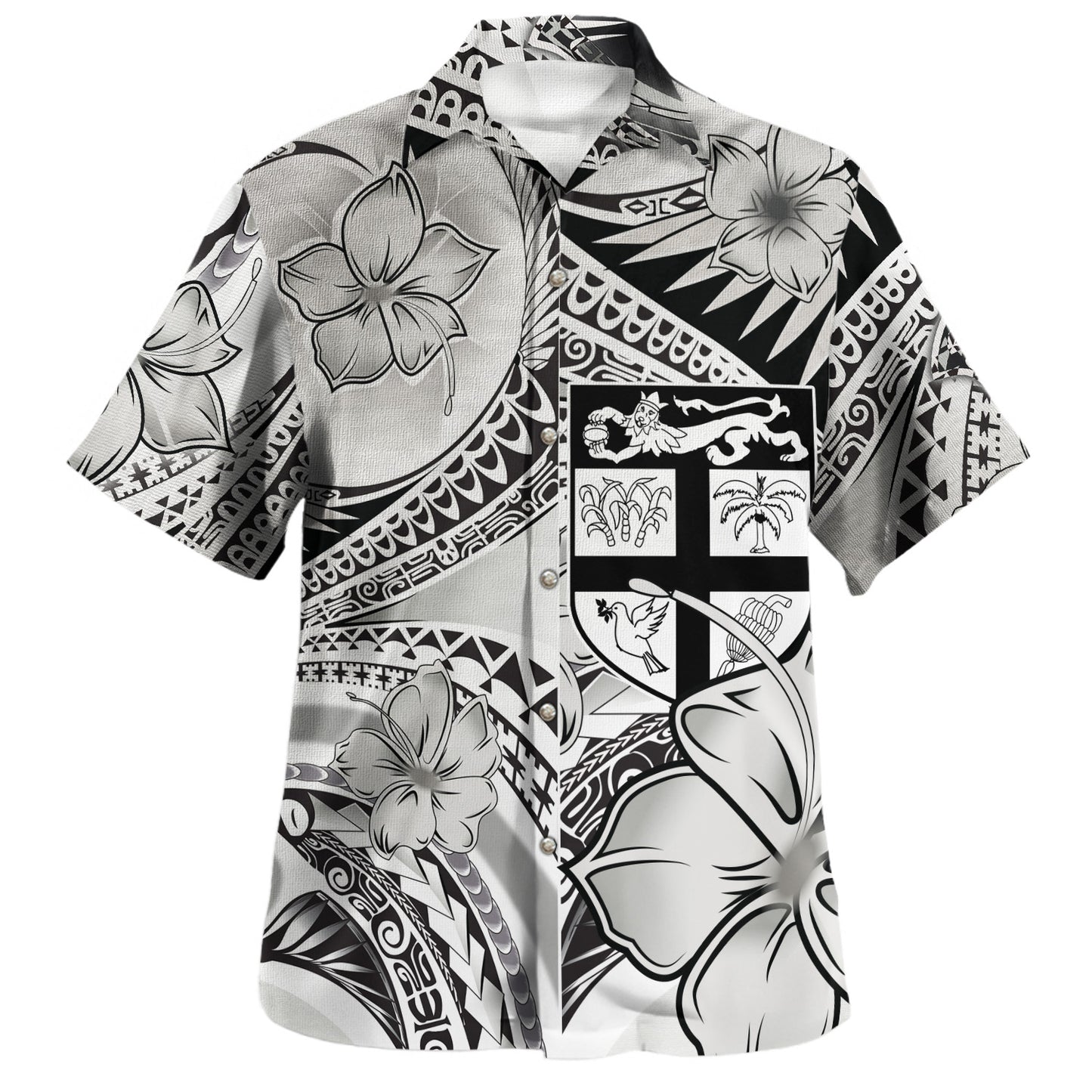 Fiji Combo Off Shoulder Long Dress And Shirt Polynesian Tribal Waves Patterns Hibiscus Flowers