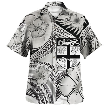Fiji Combo Off Shoulder Long Dress And Shirt Polynesian Tribal Waves Patterns Hibiscus Flowers