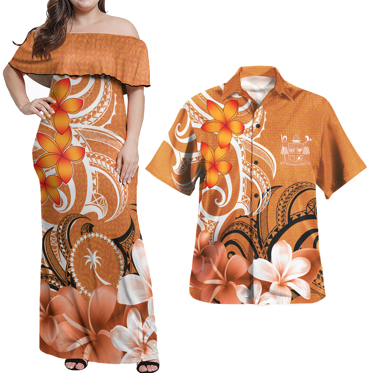 Fiji Coat Of Arm Polynesian Pattern Combo Dress And Shirt - Floral Spirit Orange