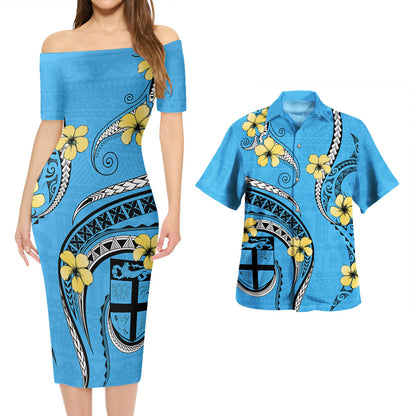 Fiji Combo Short Sleeve Dress And Shirt Bula Style Plumeria Flower