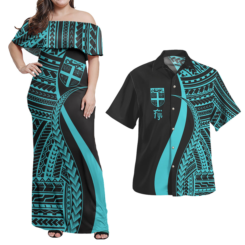 Fiji Combo Dress And Shirt - Polynesian Tentacle Tribal Pattern Turquoise