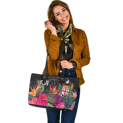 Fiji Crest Custom Personalised Leather Tote Polynesian Hibiscus Pattern