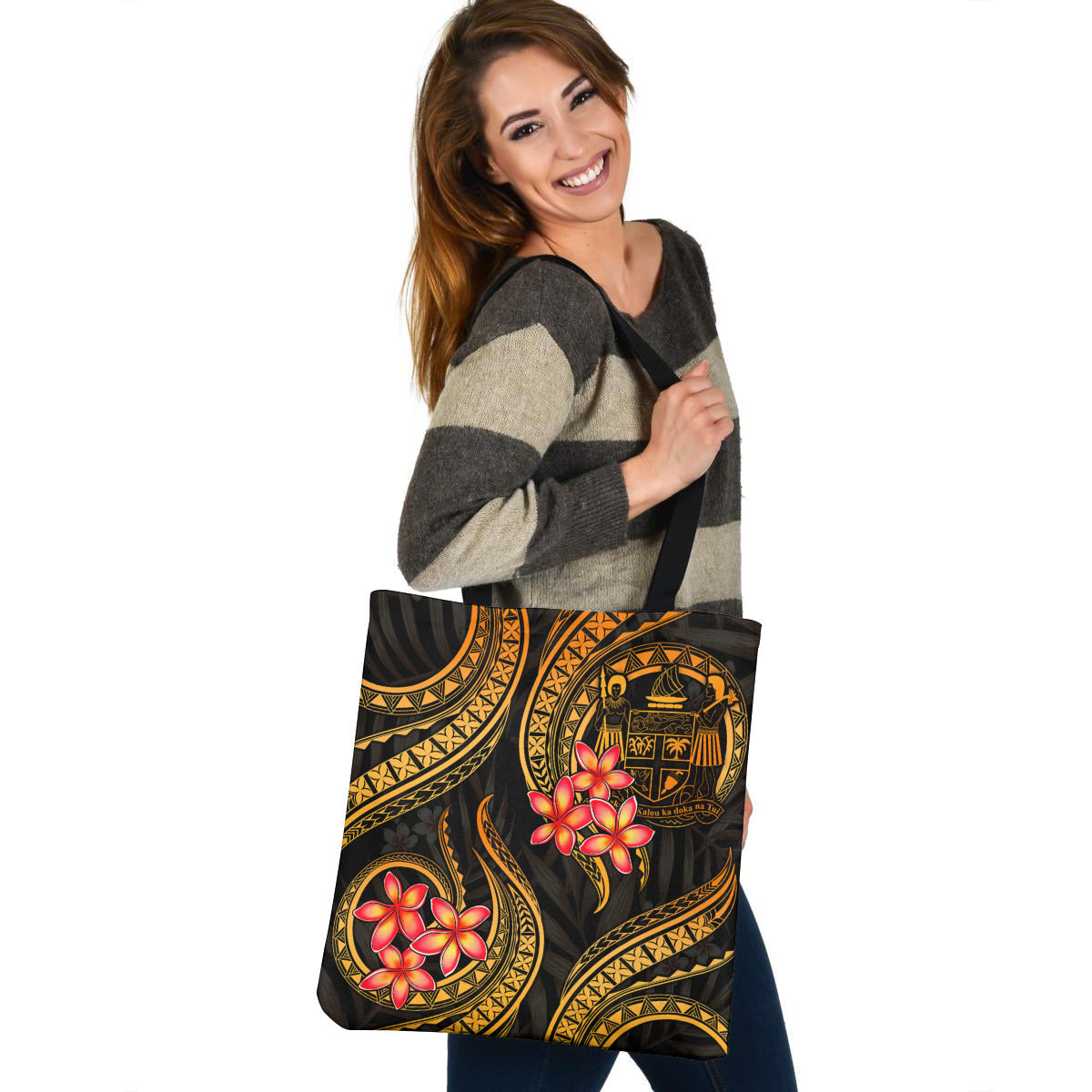 Fiji Crest Tote Bag Gold Polynesian Pattern Plumeria