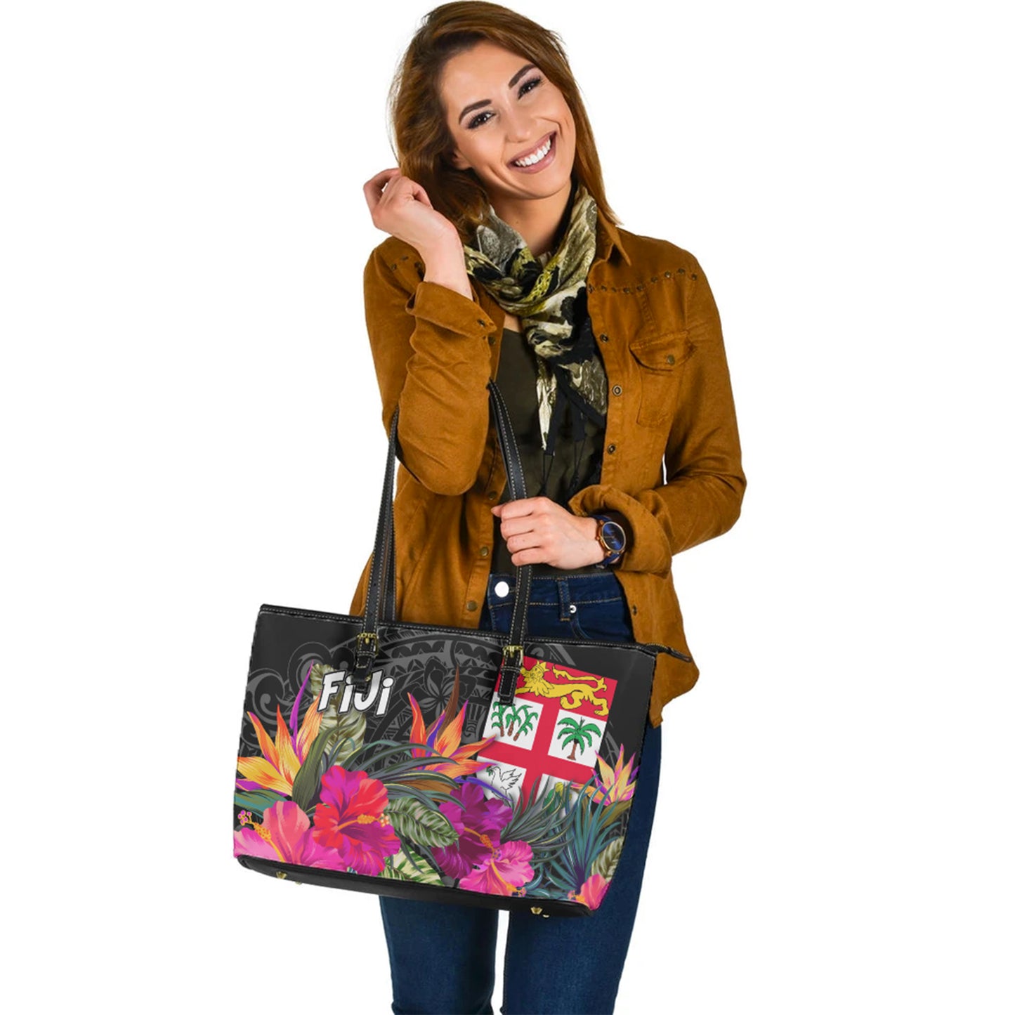 Fiji Custom Personalised Leather Tote Polynesian Hibiscus Pattern