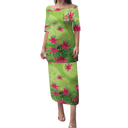 Fiji Puletasi Lilies With Polynesian Pattern